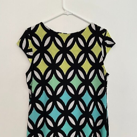 MADISON LEIGH Black White Green Geometric Print Short Cap Sleeve Sheath Dress 12 - Picture 8 of 14